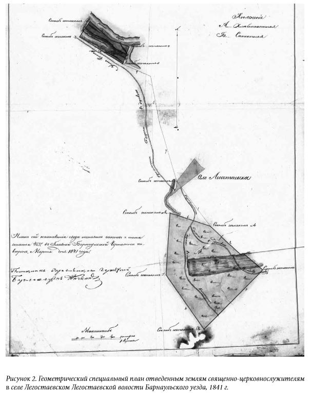Геометрический специальный план отведенным землям священно-служителям в селе Легостаевском Легостаевской волости Барнаульского уезда, 1841 года