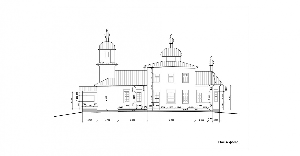 Рисунок 3. Обмерный чертеж северного фасада Никольского храма пос. Маслянино, выполненный студентами НГАХА в 2013 г.